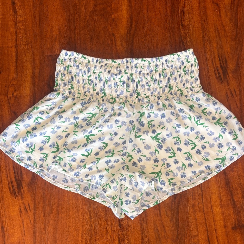 Sienna Sky White High-Waist Smocked Shorts with Blue Floral Print